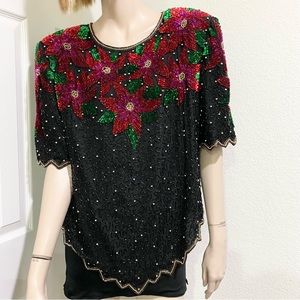 Vintage Laurence Kazar Beaded Sequin Poinsettia Flower Christmas Blouse Size 1X